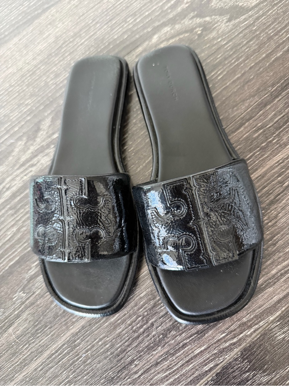 Tory Burch Black Patent Logo Slide Sandals